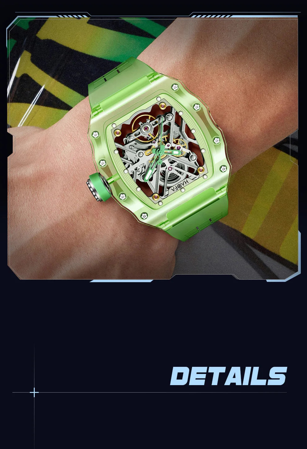 Haofa Crystal Case Automatic Man Watch 72H Power Model Skeleton Dial Self Wind Mechanical Movement Wristwatch Luxury 2203