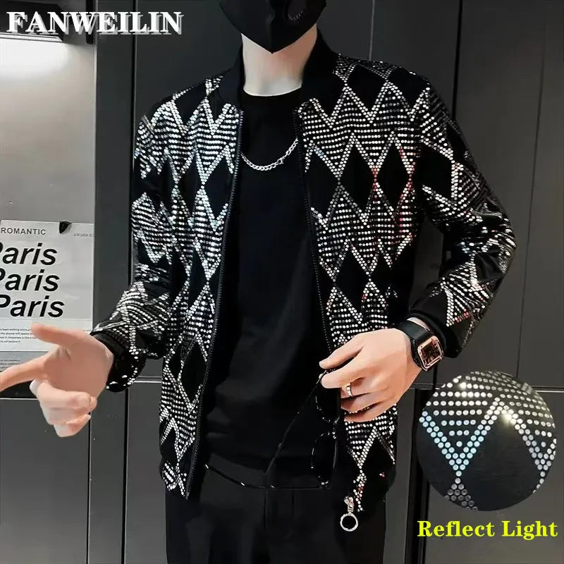 Y2K Men's Streetwear Night Club Stage Thin Motorcycle Jackets Fashion Men Hip Hop Sequined Bombers Jacket Coat Fashion Clothing
