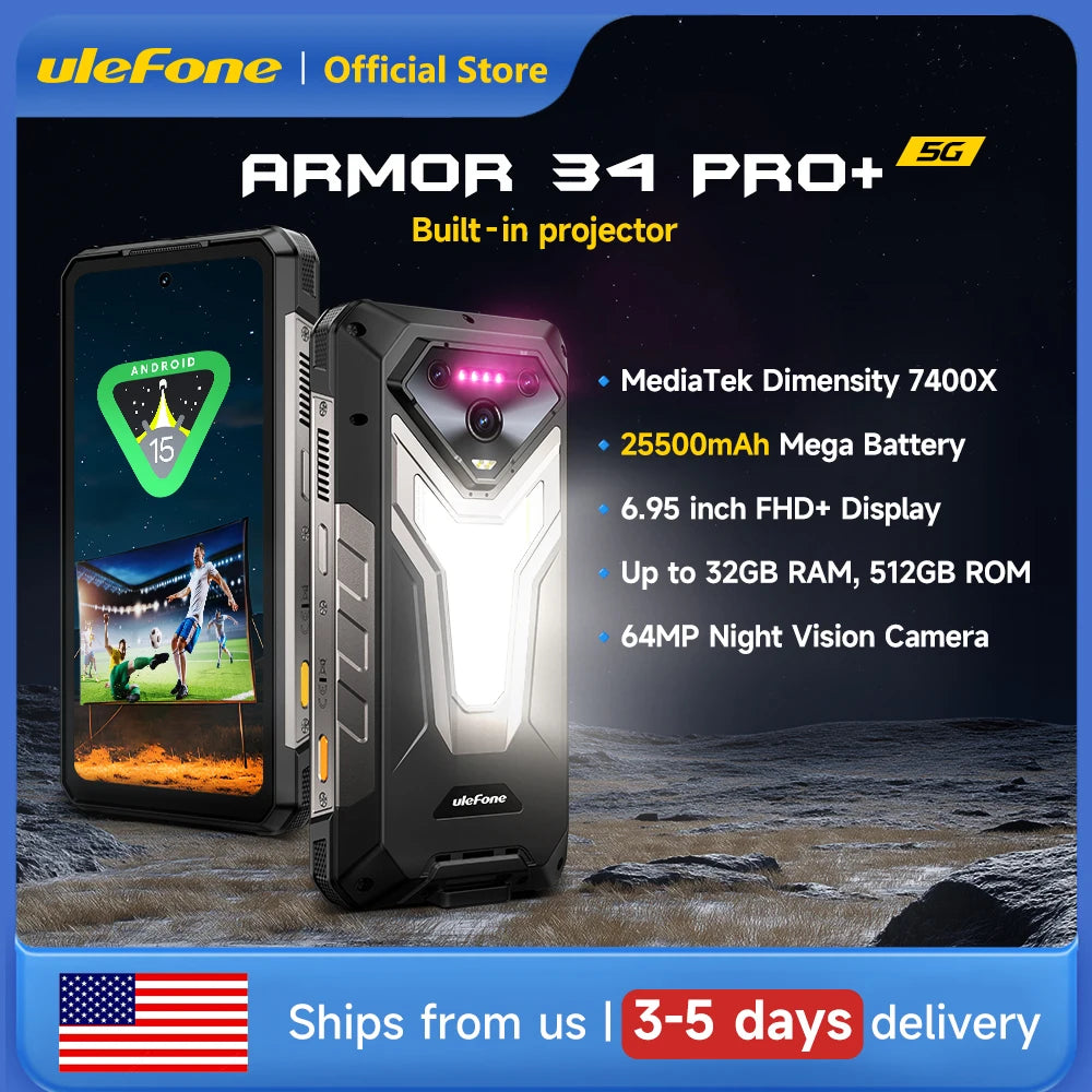 Ulefone Armor 34 Pro Plus 5G AI Rugged Phone  6.95" 25500mAh 32GB+512GB Built-in Projector 120Hz NFC Dimensity 7400X Smartphone