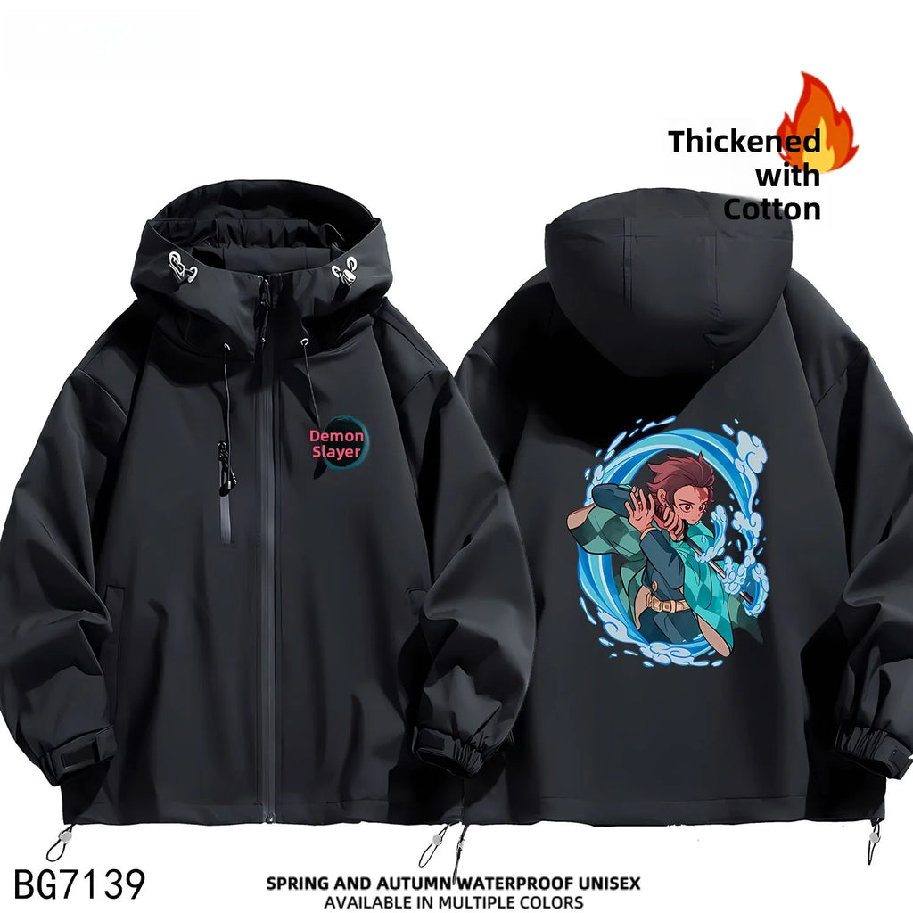 Ruike Men's Thiened Cotton Hooded Jaet Casual Outdoor Waterproof Spring Autumn Winter Anime Ghost Slayer Coat Jaet