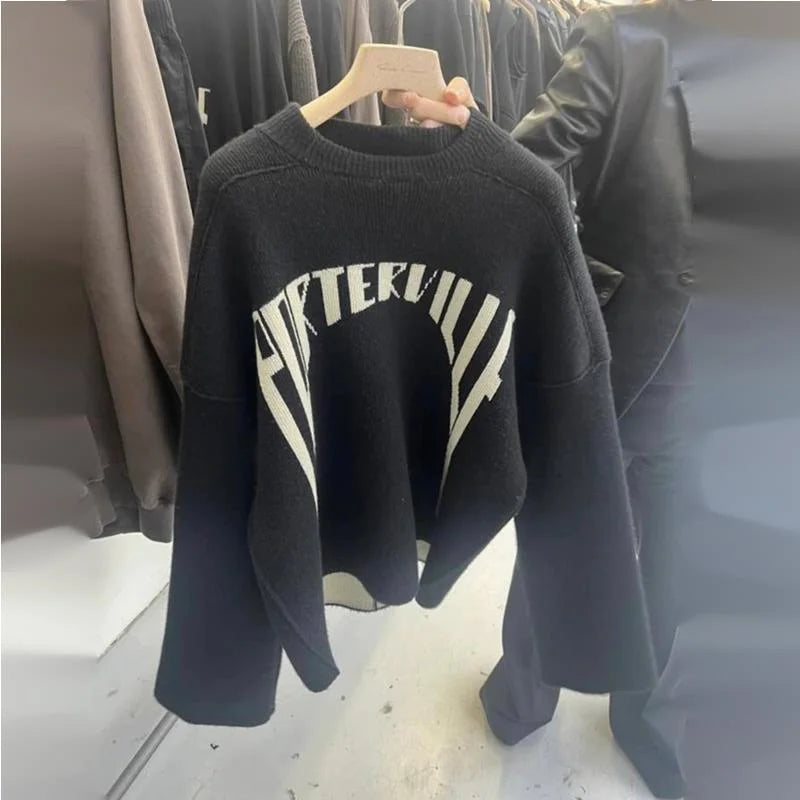 HKSH Spring Autumn Winter Men's Tide RO Heavy Niche O-Neck Letter Jacquard Knitted Pullover Silhouette Loose Dark Sweater HK3476