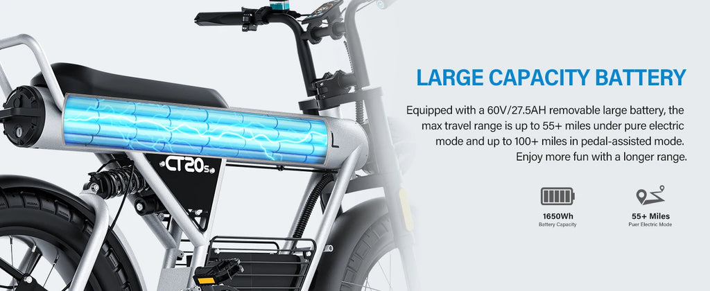 20-inch Wide Tires 2100W Motor 60V 27.5Ah Electric Bike with Removable Battery for Adult 2-wheel Electric Bicycle COSWHEEL CT20S