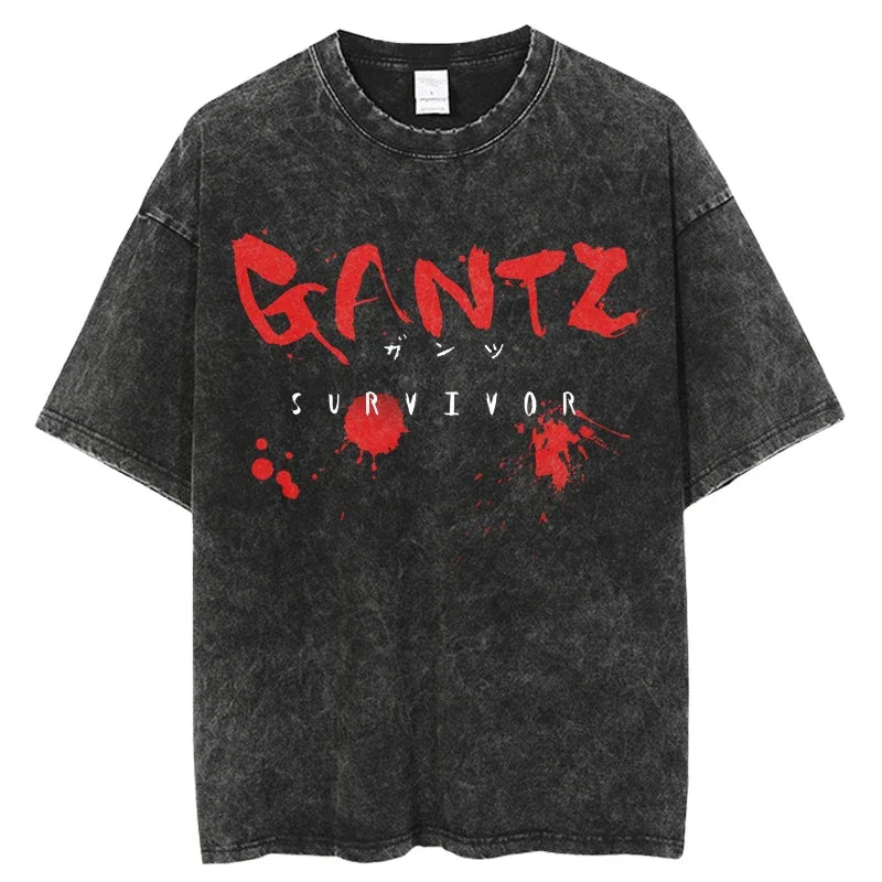 Punk GANTZ Anime T Shirt Men Vintage Washed 100% Cotton T Shirts for Men 2024 Punk Hip Hop Streetwear Harajuku Male T-shirt