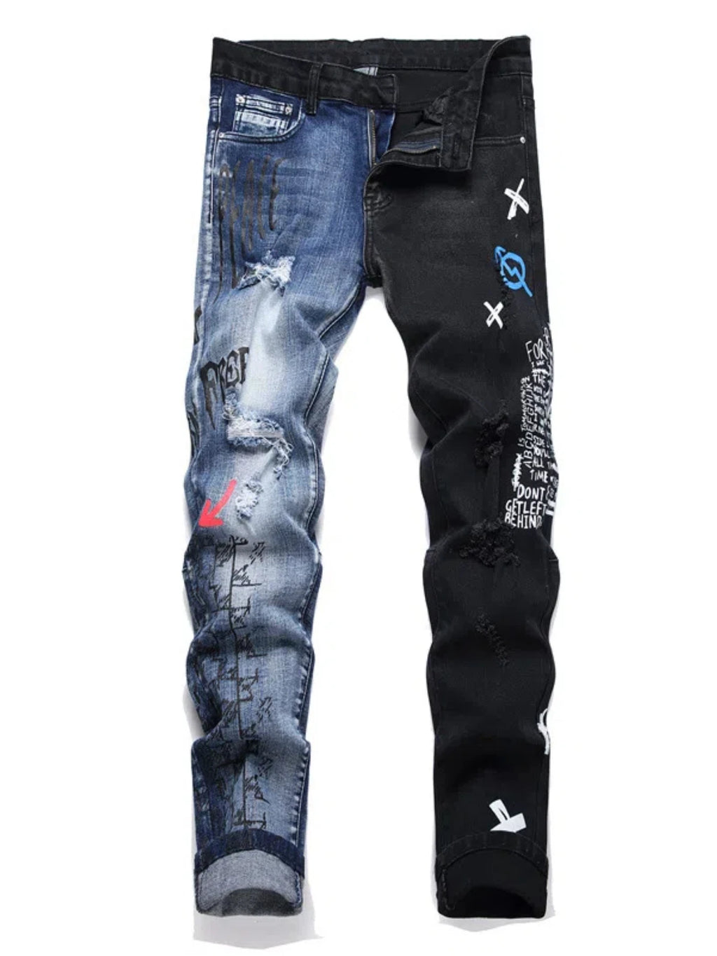 Men's Ripped Letter Print Stretch Small Feet Straight Slim Patchwork Jeans Comfortable Skinny Bike Jeans