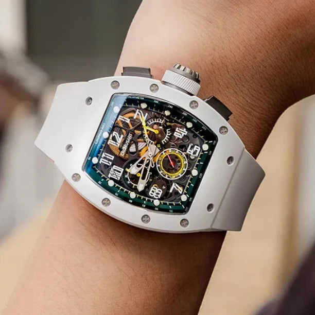 CRONUSART Men Chronograph Watch 50mm Tonneau Automatic Mechanical Wristwatch Sapphire Mirror Luminous Skeleton Dial FKM Strap