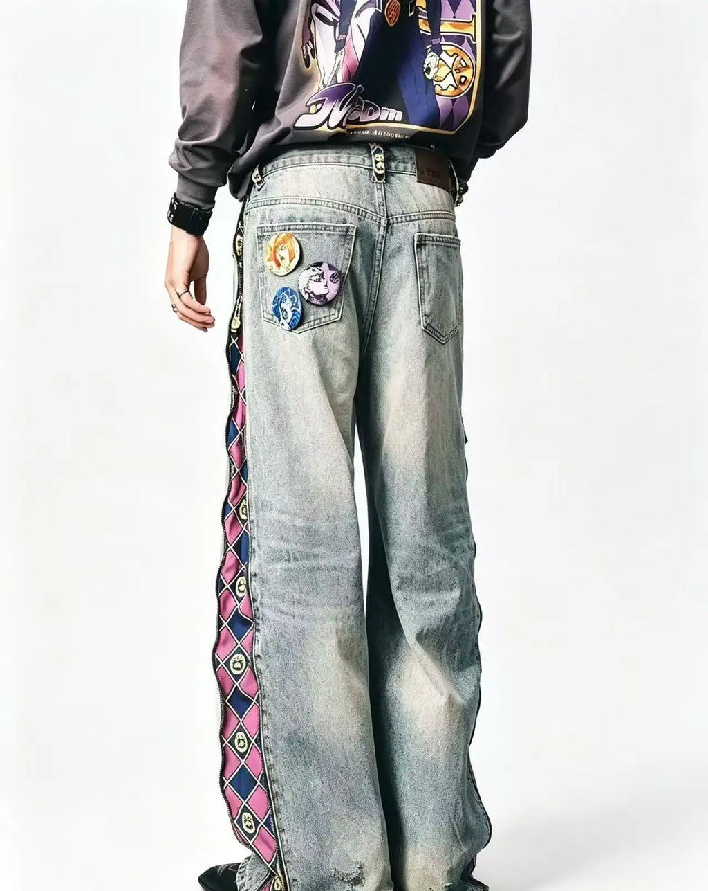 Anime Y2k High Street Original Color Style Light Blue Jeans American Hip Hop Fully Open Side Contrast Color Lined Wide Leg Pants