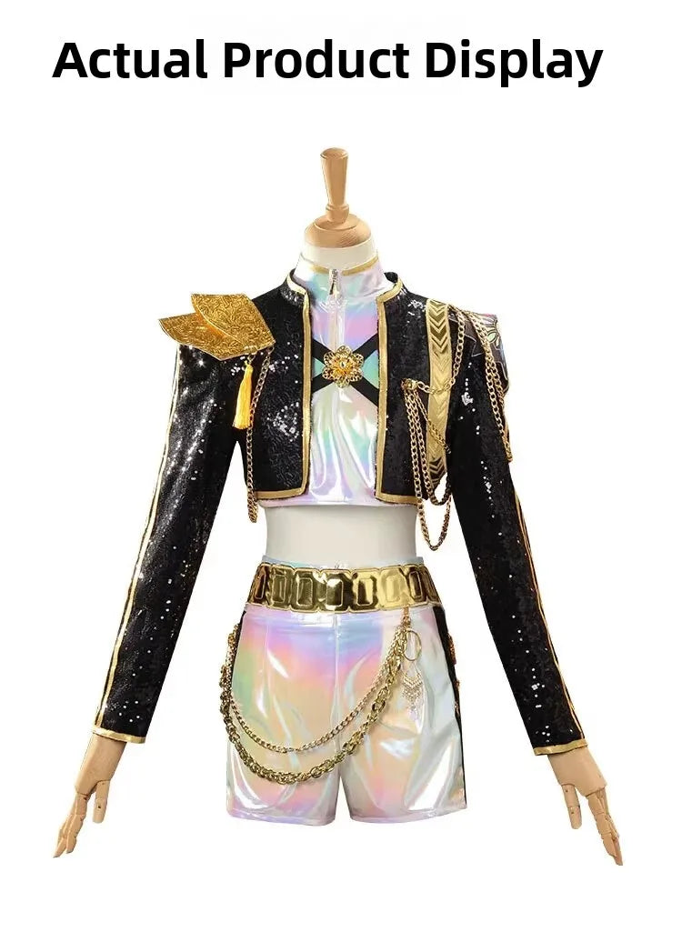 Kpop  Magic Girl Cosplay Costume Children Adults Anime Mila Performance Black Gold Costume Full Set for Halloween