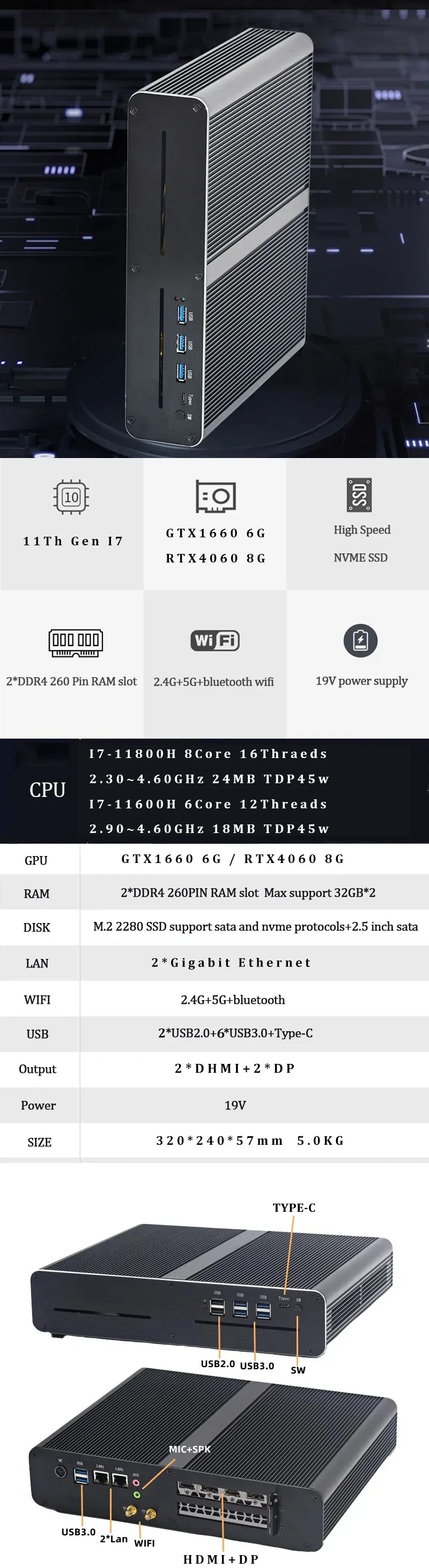 11th Gen Upgraded Version MINI Gaming PC Intel Core i7-11800H RTX 3070 8G RTX3060M 12G RTX4060 8G GPU 2 * DDR4   4 screen output