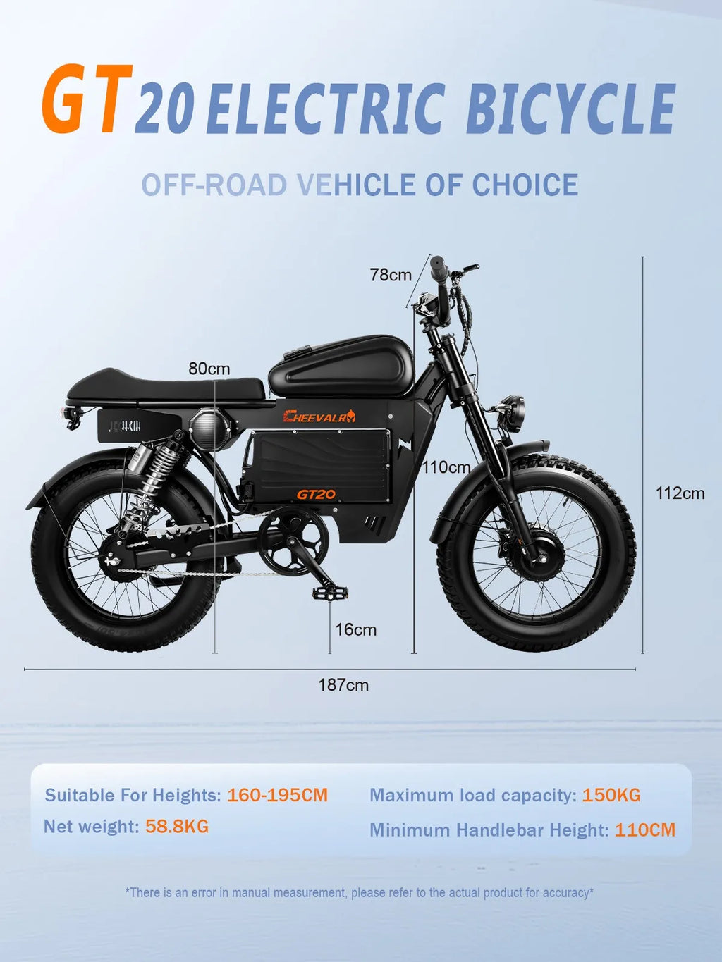 6000W 20inch Fat Tire Electric Motorbike Off Road 60V 43AH E-bike CHEEVALRY GT20