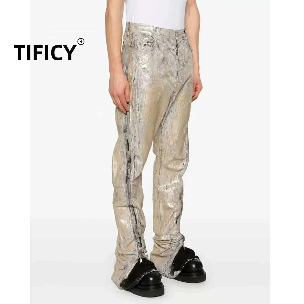 High Street RO Denim Pants Men's Hot Stamping Zipper Dark Style Street New Style Hot Stamping Bull Streetwear Jeans Pant