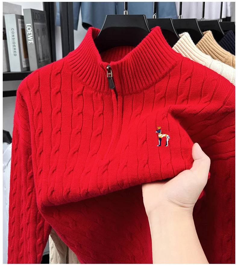 High end brand fashion jacquard sweater cartoon dog embroidery zipper semi high neck autumn winter warm men's knitted pullover