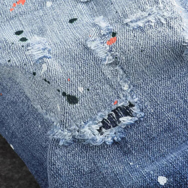 Fashionable new jeans washed with nostalgia, stretchy, slim fit, light blue, men's ripped patch jeans, high street hip-hop pants