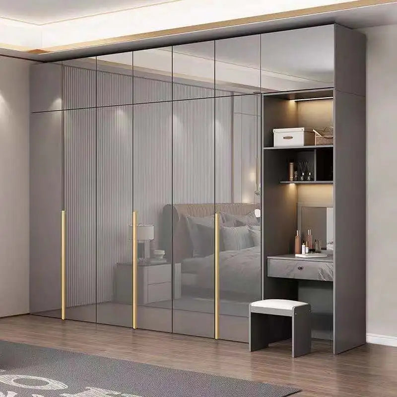 Light Luxury Minimalist Eco-friendly Glossy Wooden Wardrobe Five or Six Door Large Rental Cabinet for Home Bedroom