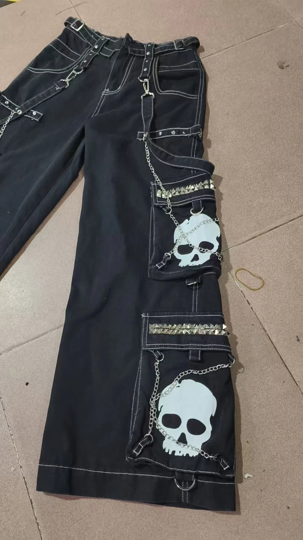 Street fashion chain brand Skull Bone Design jeans retro Harajuku style men's wide leg pants street rock multi-chain loose pants