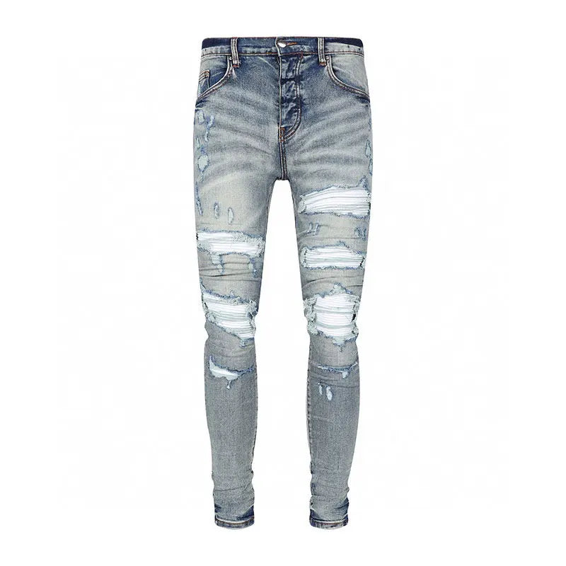 European and American designers fashion new men's jeans stretch slim fit retro light blue patchwork white patch jeans high stree