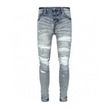 European and American designers fashion new men's jeans stretch slim fit retro light blue patchwork white patch jeans high stree