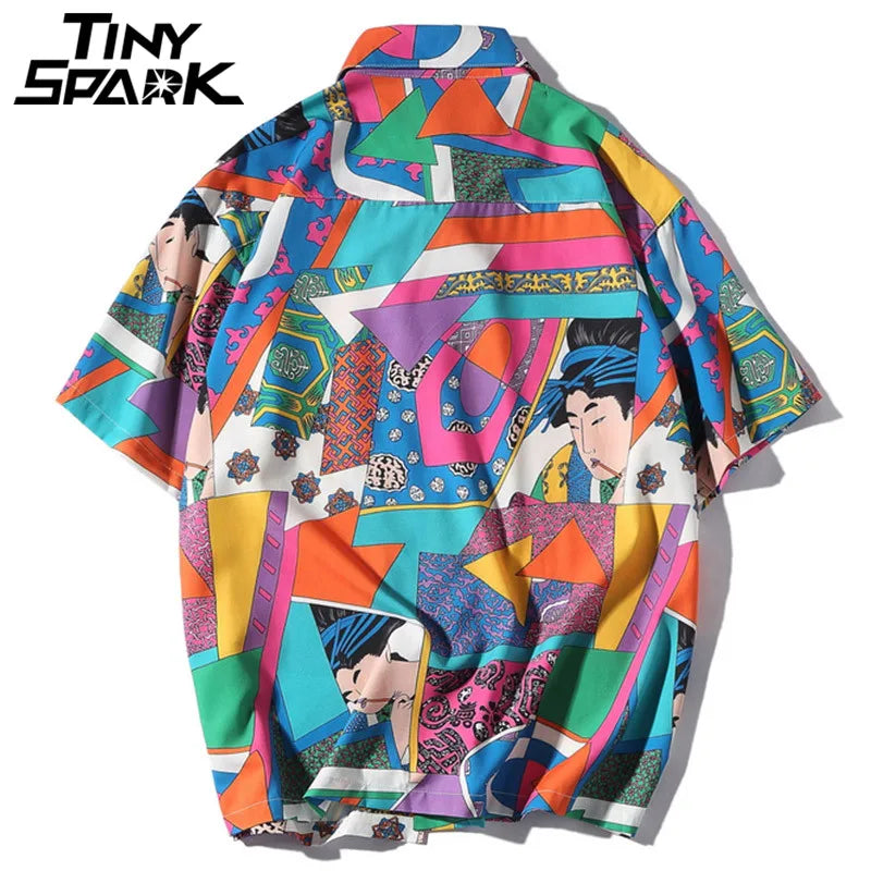 Men Loose Hip Hop Shirt Harajuku Japanese Ukiyo E Anime Shirt Short Sleeve Top Hawaiian Shirt Casual Streetwear Thin Summer 2025