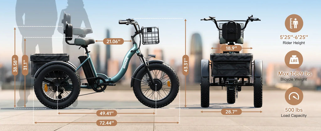 QRONGE Lava Electric Tricycle For Adults 960W Peak 36V 15AH Battery E-bike 50 Miles Range With Large Rear Basket Electric Trike