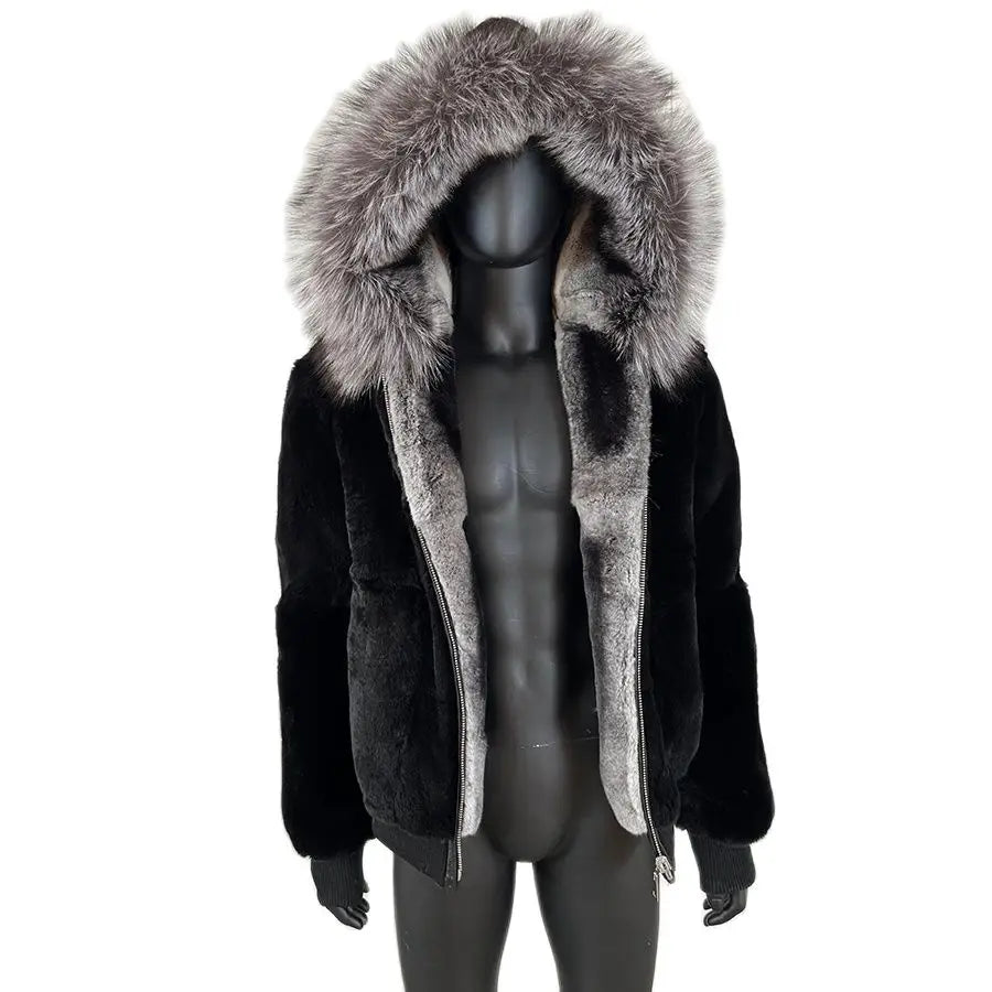 Men Rabbit Fur Coat Winter Short Real Rex Rabbit Fur Jacket With Hood Black Fur Coats Chinchilla Fur