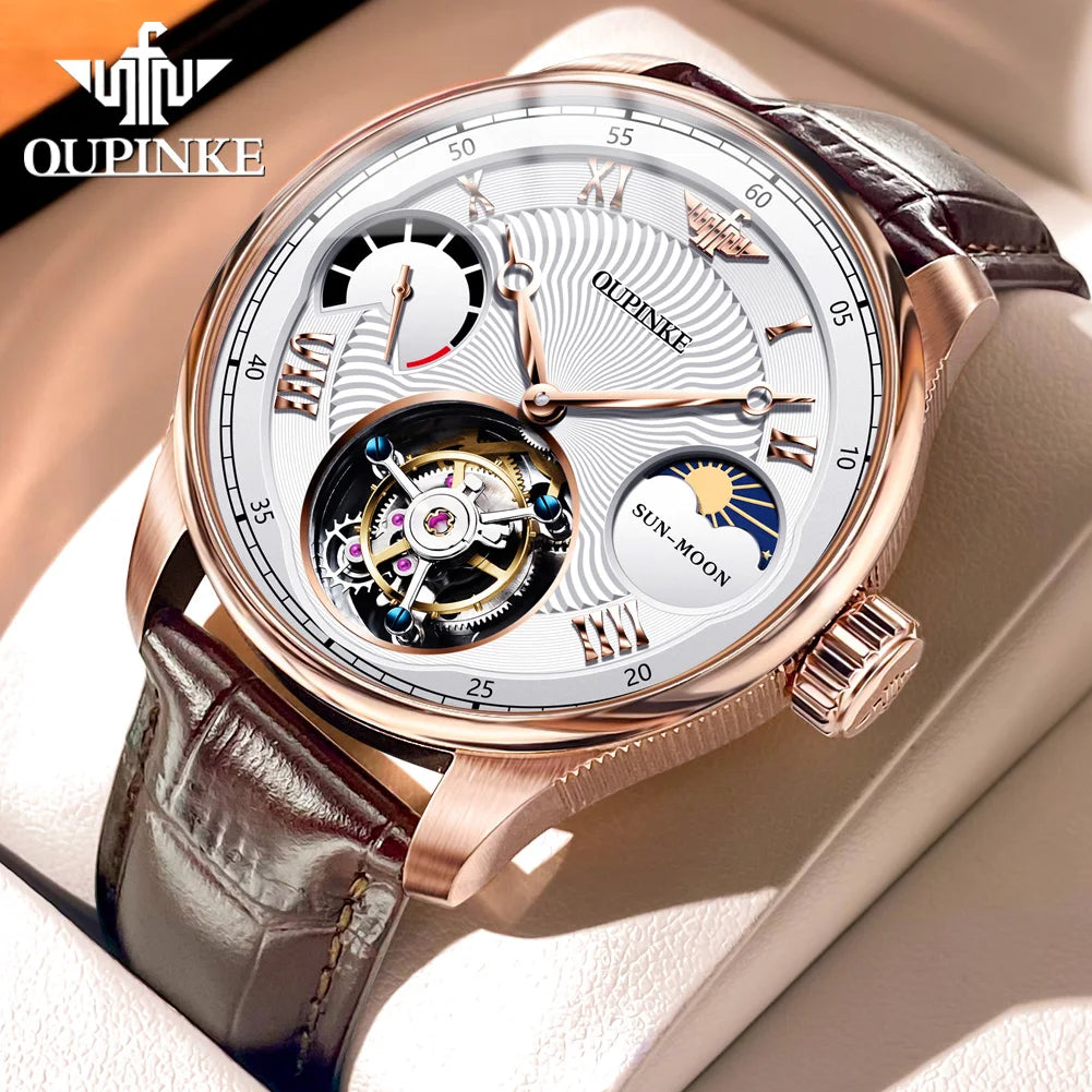 OUPINKE Men's Watch Top Luxury Fashion Original Tourbillon Mechanical Watch for Man Leather Strap Sapphire Mirror Moon Phase