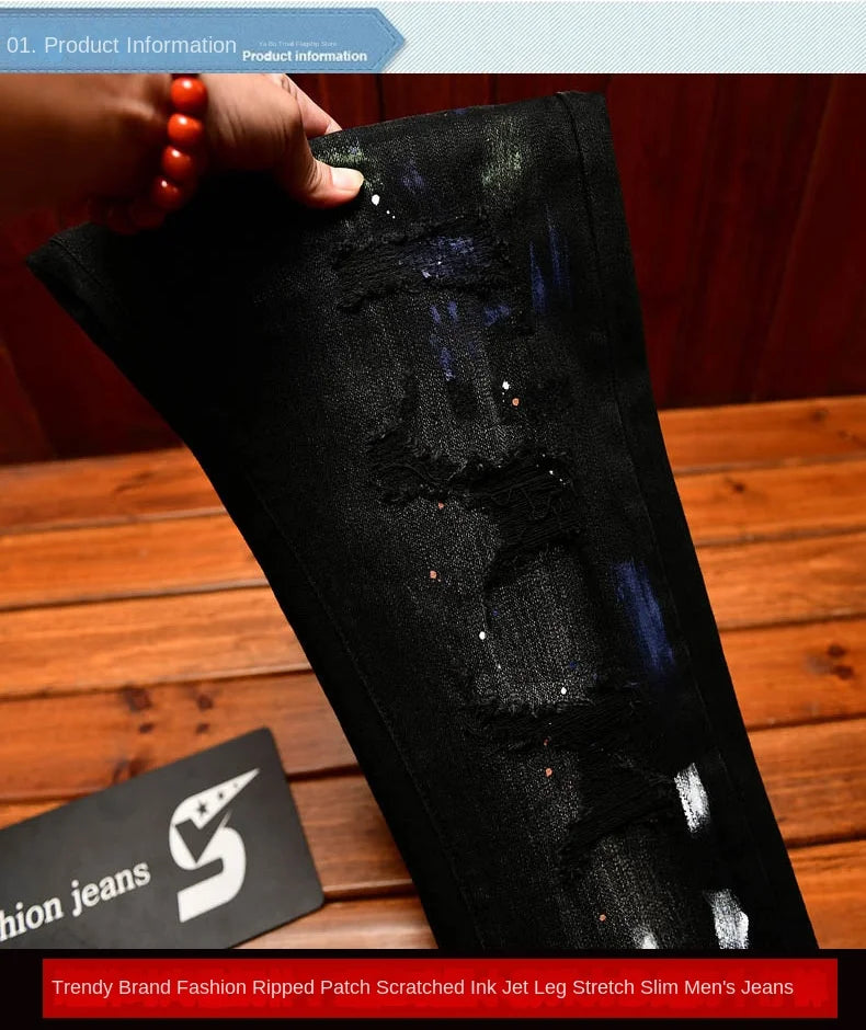 2025 Autumn American Fashion Black Jeans Men's Slim Fit Version with Piercing Patch Paint Printed Street Trendy Pants