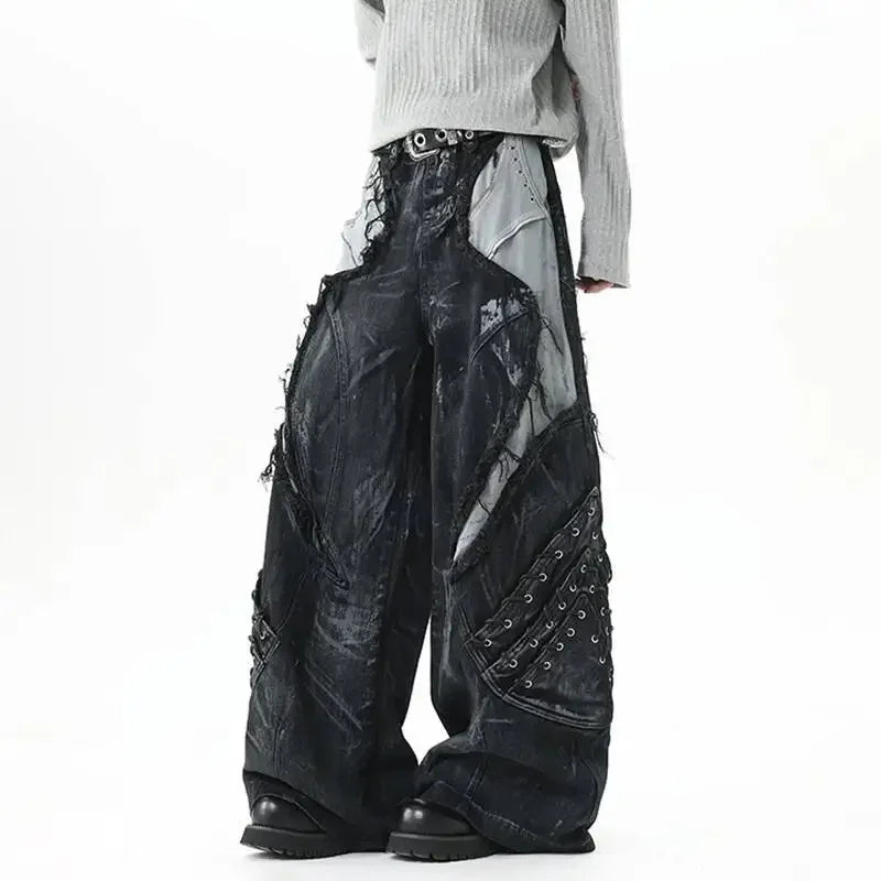 High Street Men's Denim Trousers Patchwork Contrast Color Drawstring Raw Edge Dirty-dying Worn-out Male Jeans New