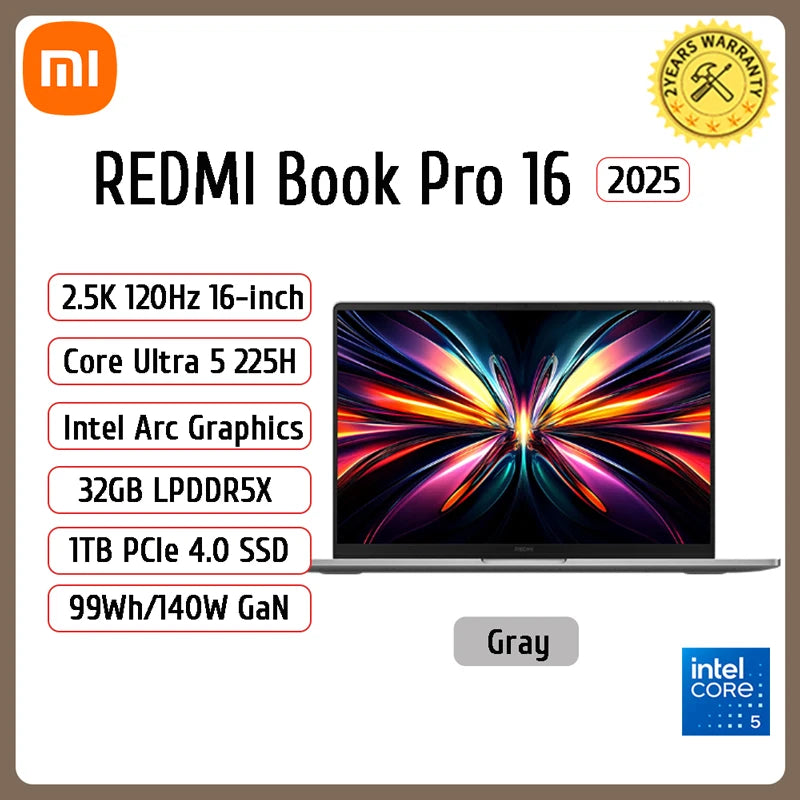 2025 New Xiaomi REDMI Book Pro 16 Laptop Ultra5-225H Ultra7-255H/32GB/1TB 2.5K/3.1K/120Hz Notebook