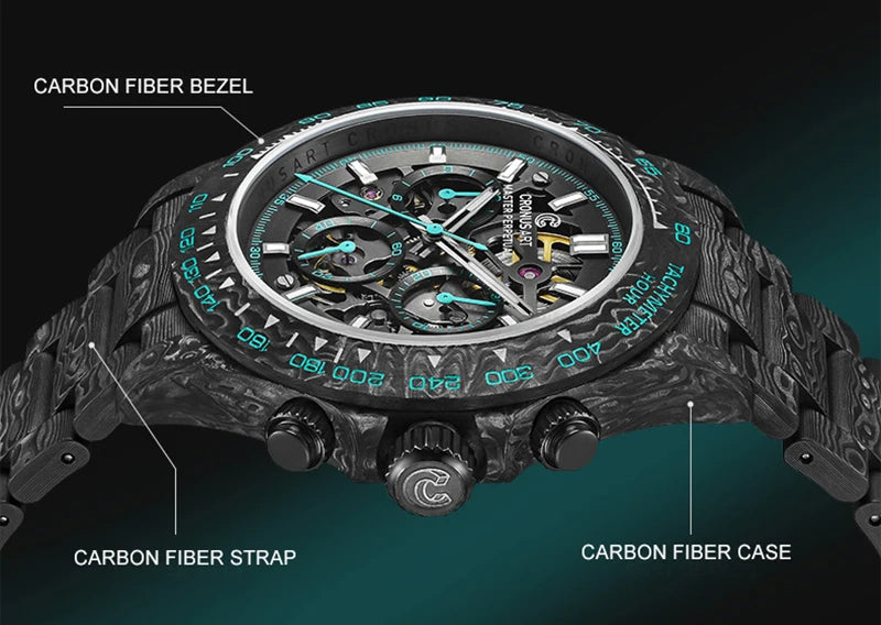 CRONUSART Men Chronograph Watch 42mm Automatic Mechanical Wristwatch Carbonfiber Case & Bracelet Luminous Sapphire Skeleton Dial