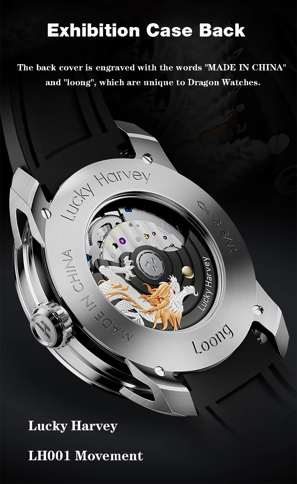 Lucky Harvey Chinese 3D Engraving Dragon Dial Automatic Mechanical Watches for Men Sapphire Crystal Business Fashion Watch