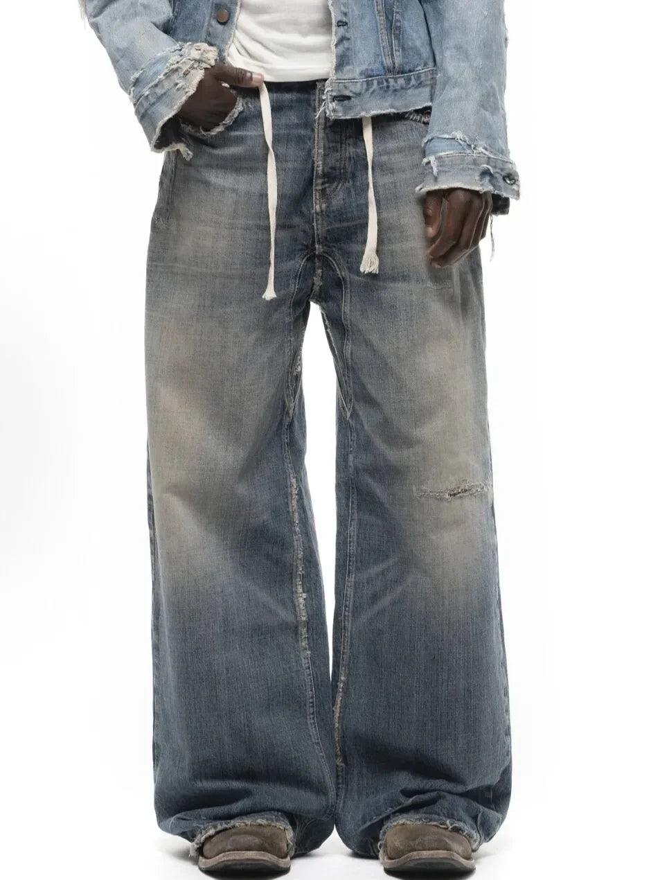 No faith studios washed pussy whiskers made old handmade ripped loose wide legs light blue jeans
