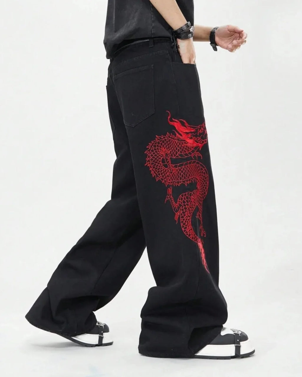American Black New Retro Oriental Animal Print Fashion Loose Jeans Men And Women High Waist Hip-Hop Casual Straight Pants