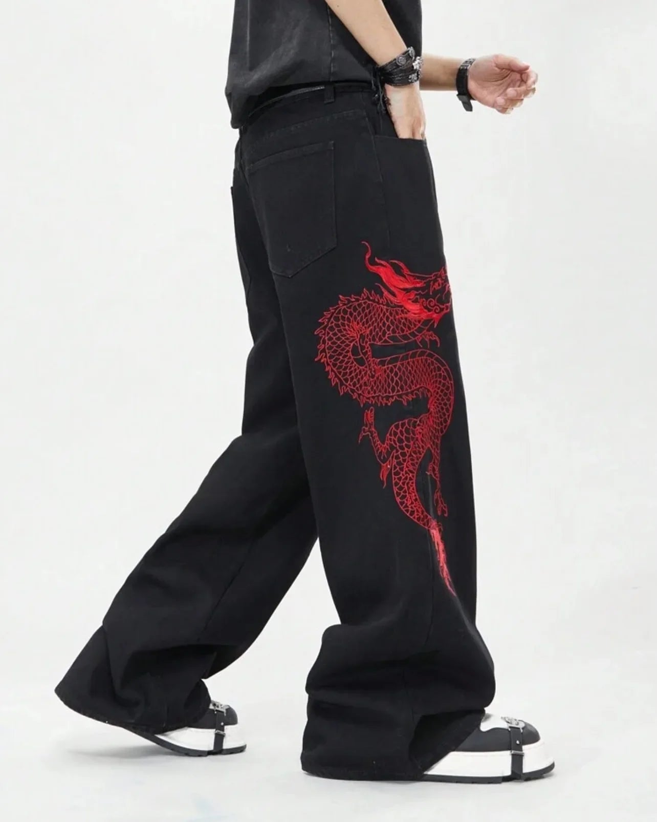 American Black New Retro Oriental Animal Print Fashion Loose Jeans Men And Women High Waist Hip-Hop Casual Straight Pants