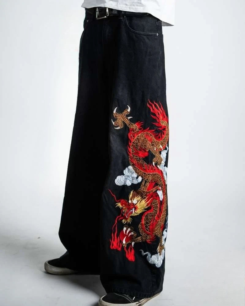 Y2K baggy Jeans Dragon Graffiti Embroidery High Waist Men Women Vintage Streetwear 2000s Harajuku Casual Loose Wide Leg Jeans