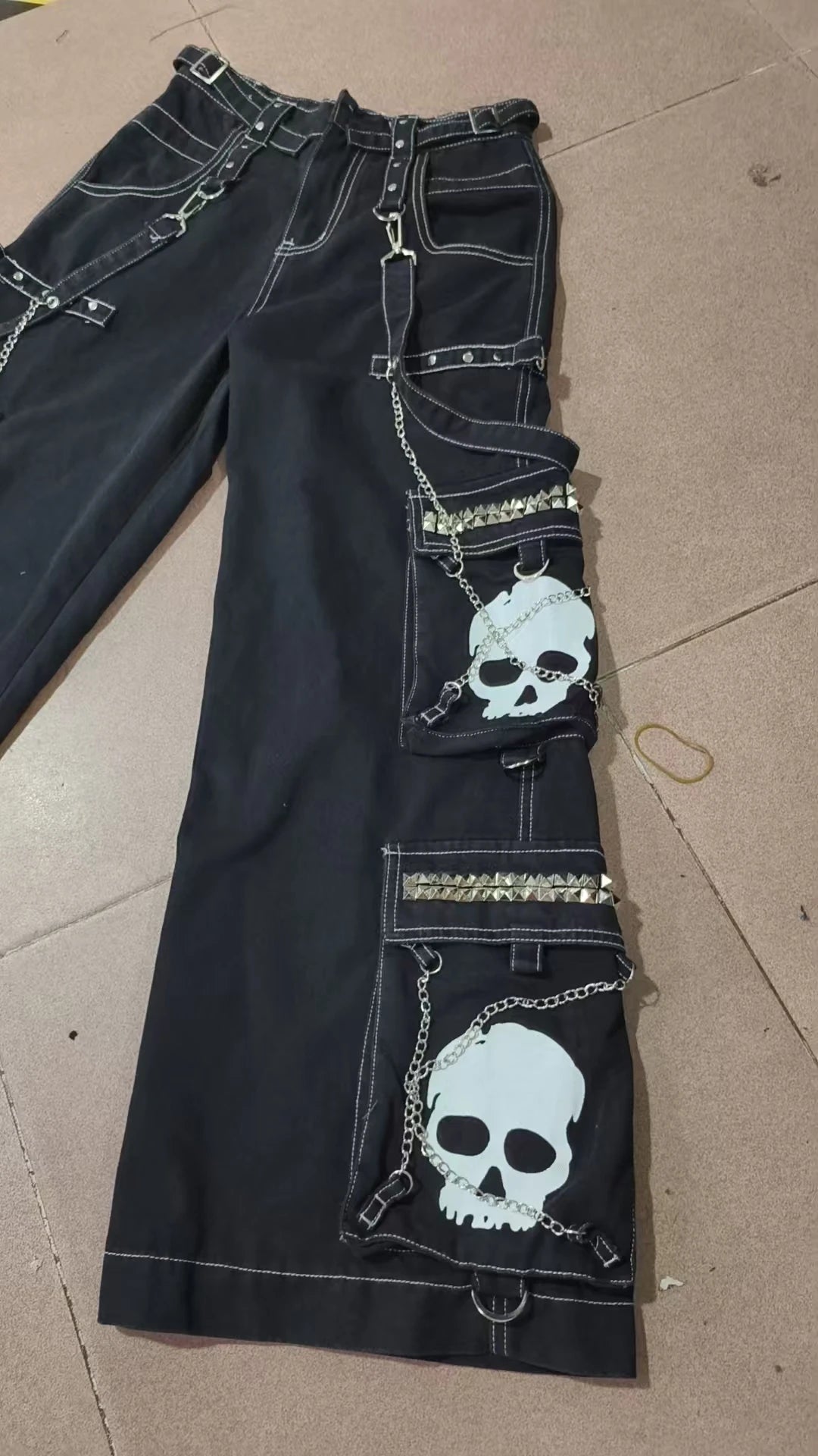 Street fashion chain brand Skull Bone Design jeans retro Harajuku style men's wide leg pants street rock multi-chain loose pants