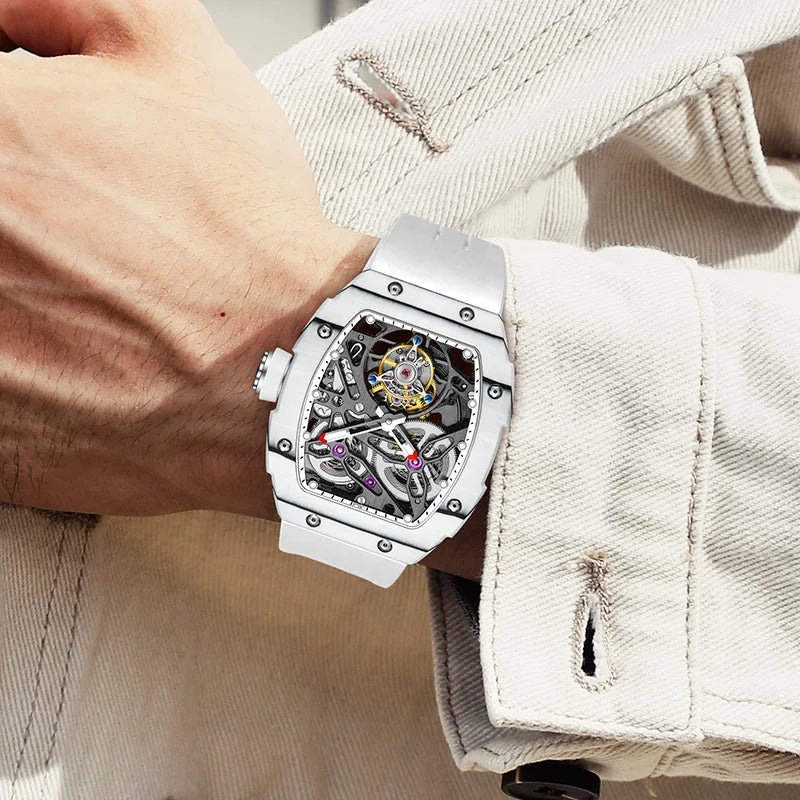 Haofa Automatic Tourbillon Watch Men Carbon Fiber Hollow Movement Luminous Sapphire Crystal Mechanical Man Watches Luxury 1901-1