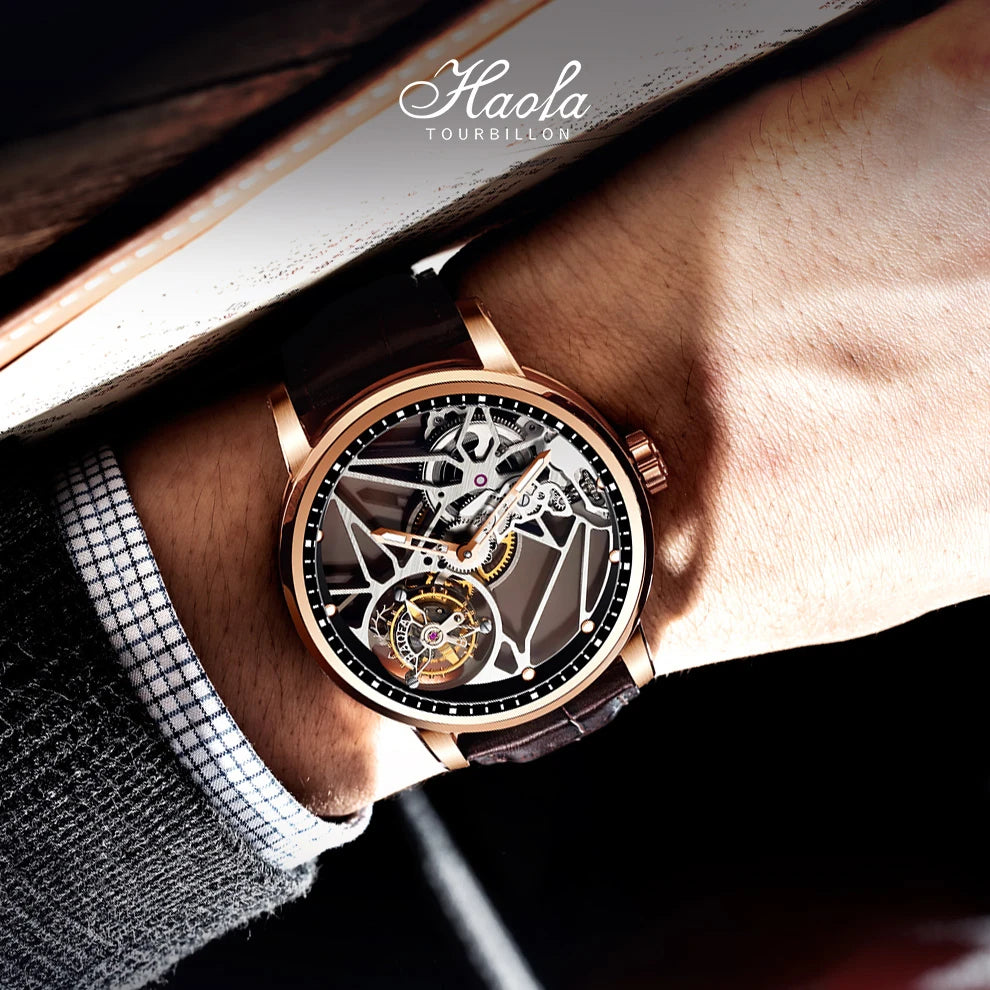 Haofa Skeleton Tourbillon Mechanical Man Watch 1925B Luxury Simple Hollow Tourbillon Movement Men Watches Business