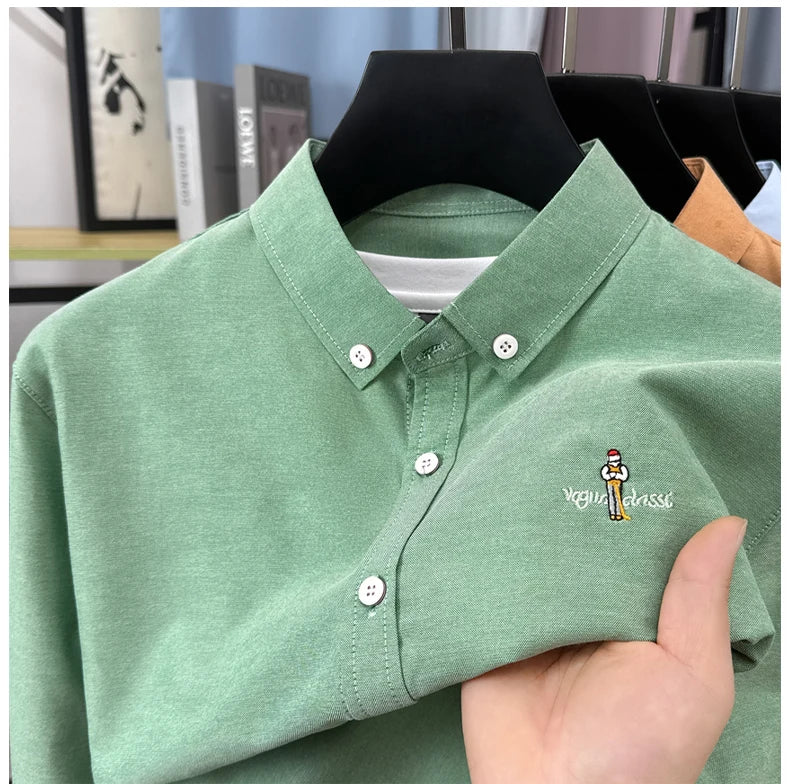 Light luxury fashion men's long sleeve shirt brand cartoon embroidery high-quality business casual solid color golf lapel top