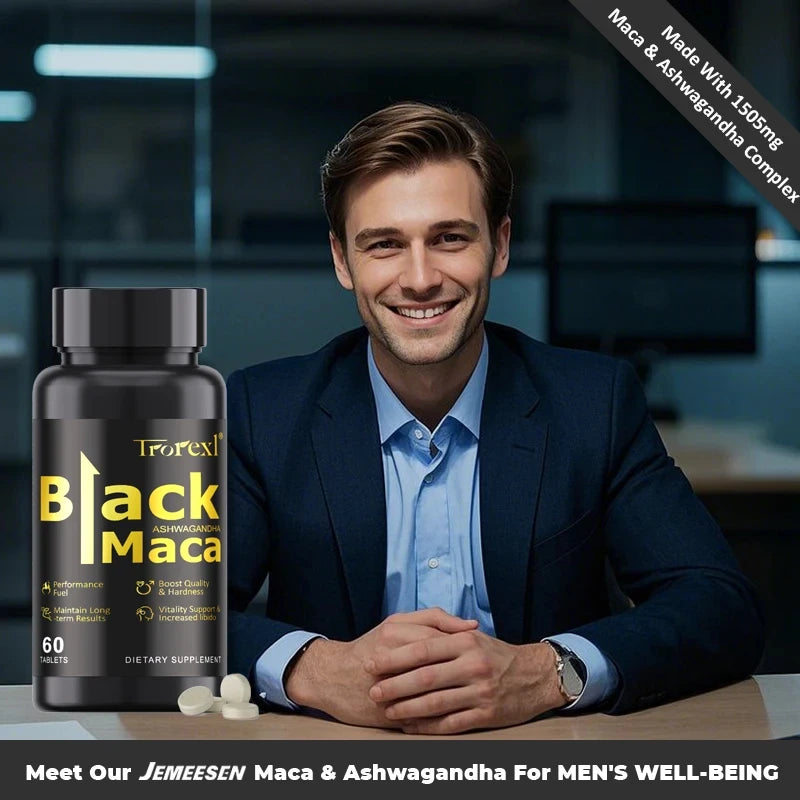 TOP STRENGTH Black Maca Ashwagandha Tablets for Men Potency| Natural Energy + Stamina Booster | 60 Caps