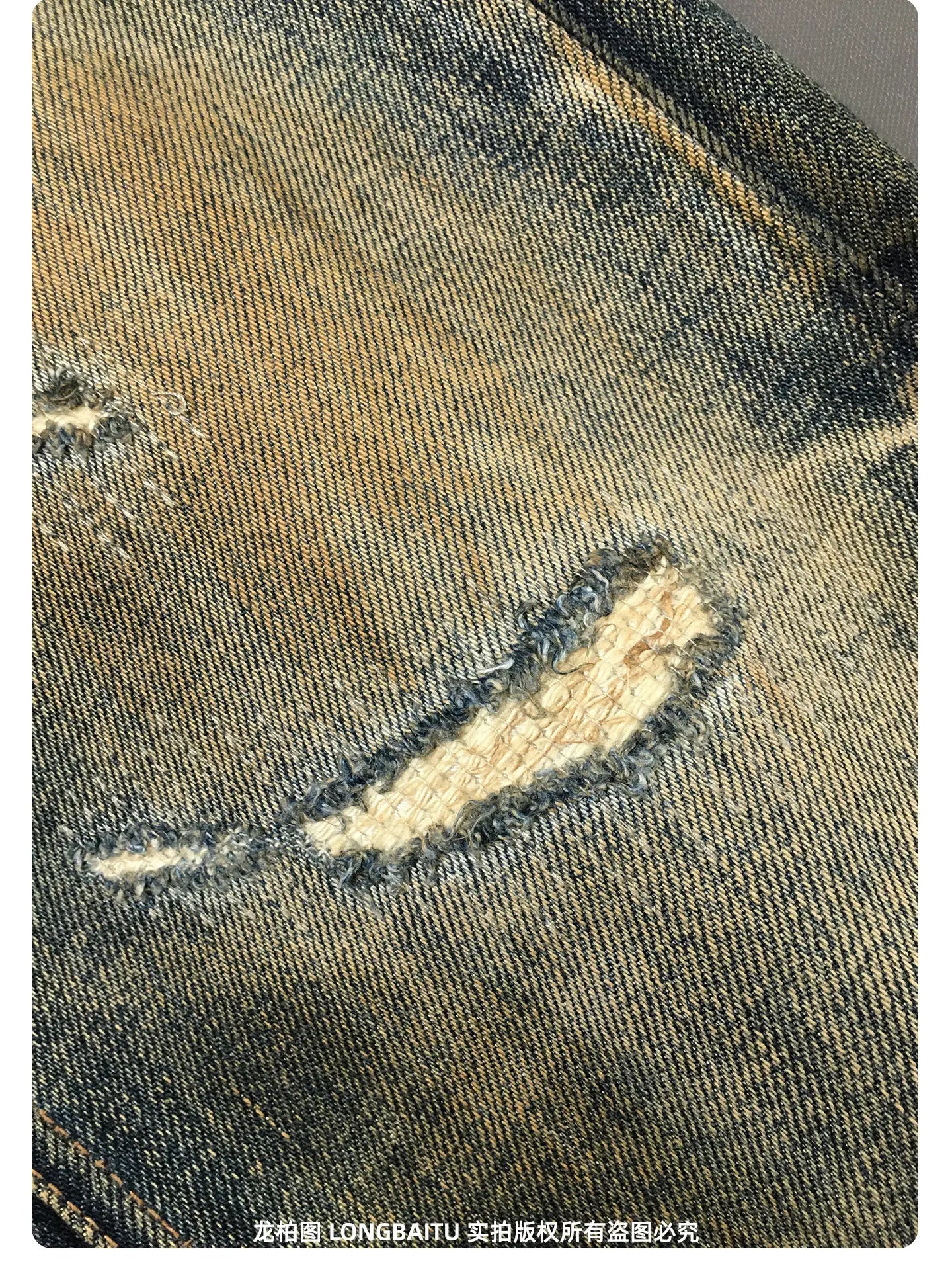 Heavyweight American Retro 100% Cotton Jeans for Men High-Street Ripped and Patched Non-Stretch Premium Loose Straight-Leg Pants