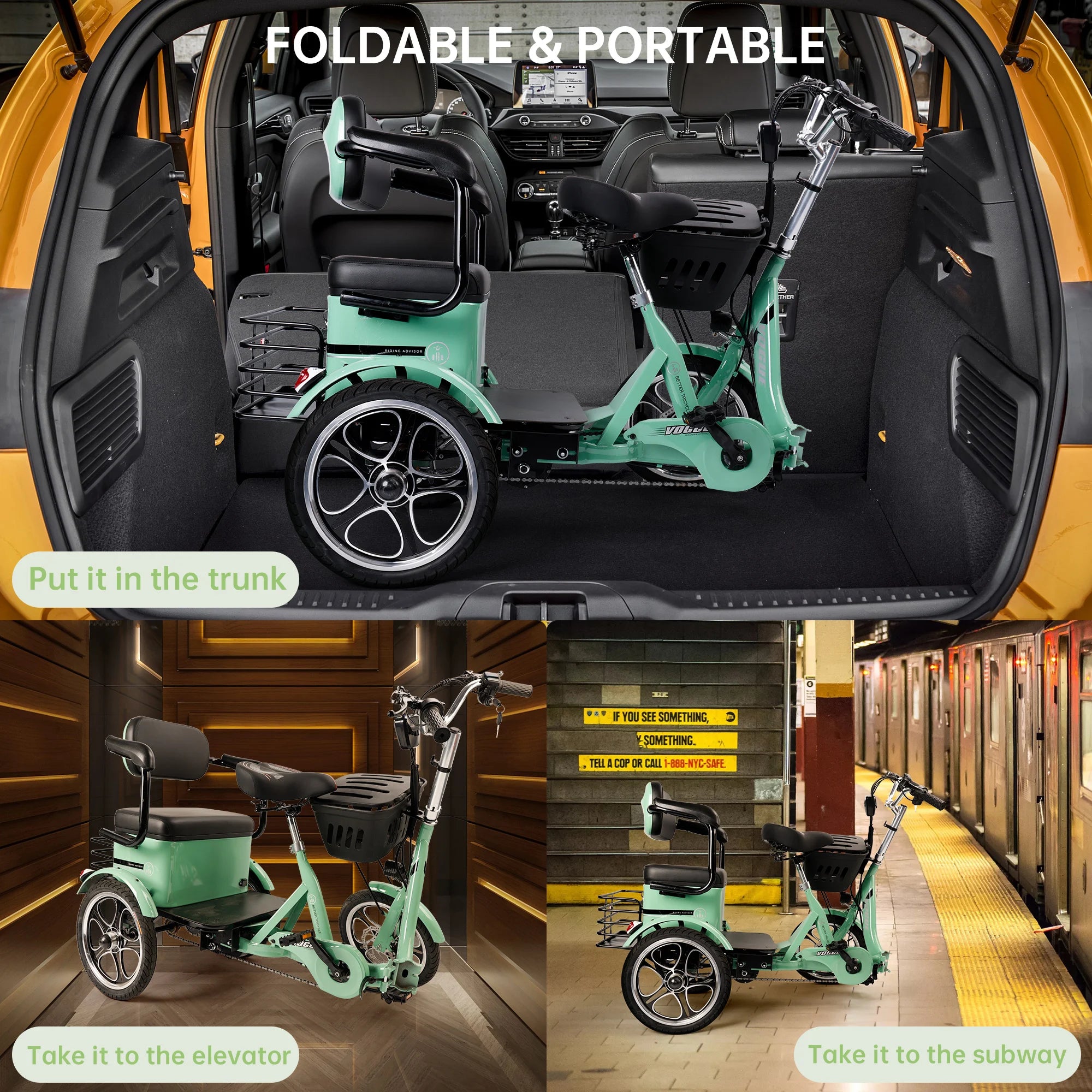Artudatech 400W 48V 12A Elder Electric folding tricycle for Adults 3 wheel e-trike Bike with Rear Seat