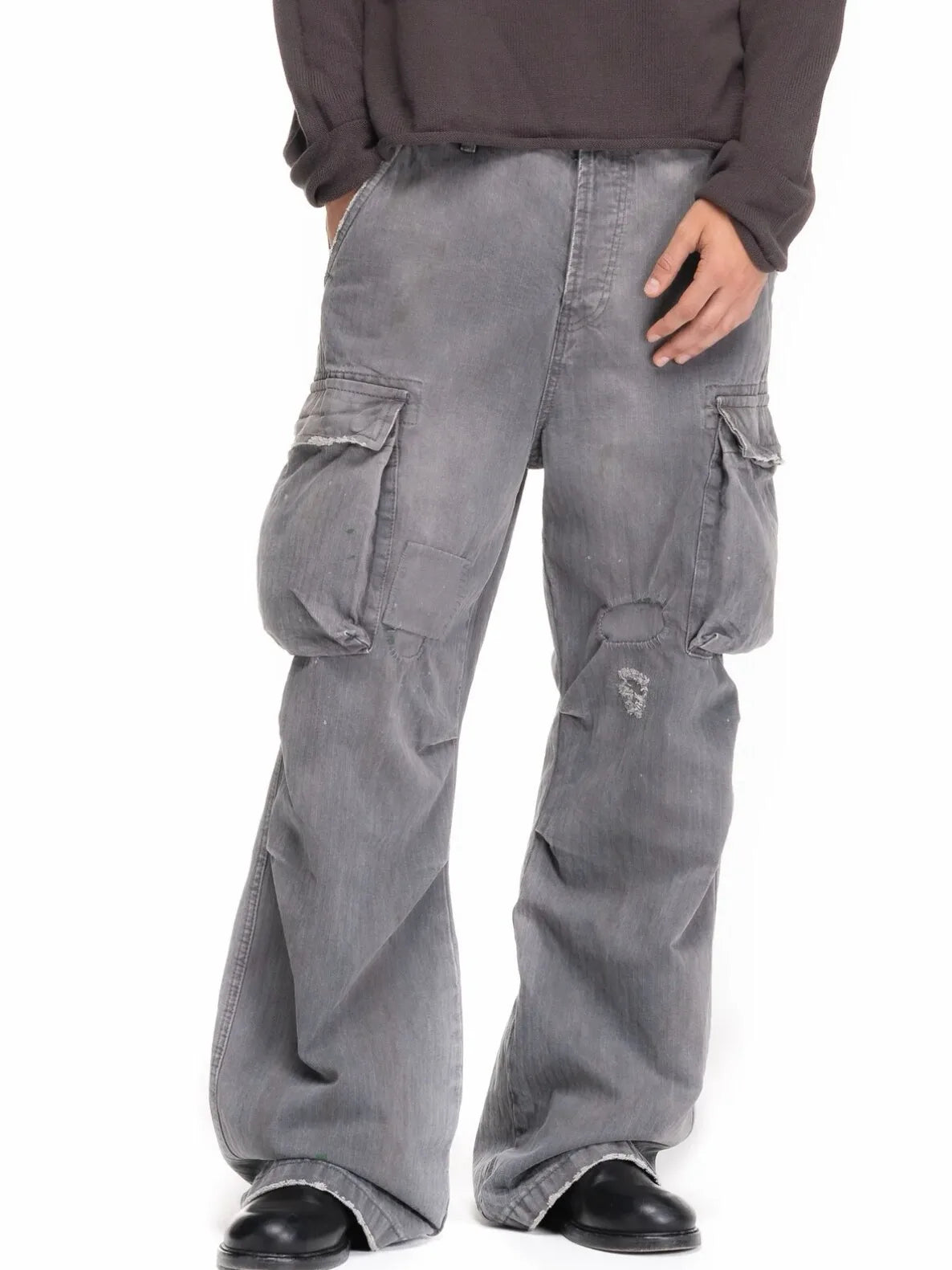 No faith studios herringbone twill grey ripped patch paint multi-pocket overalls