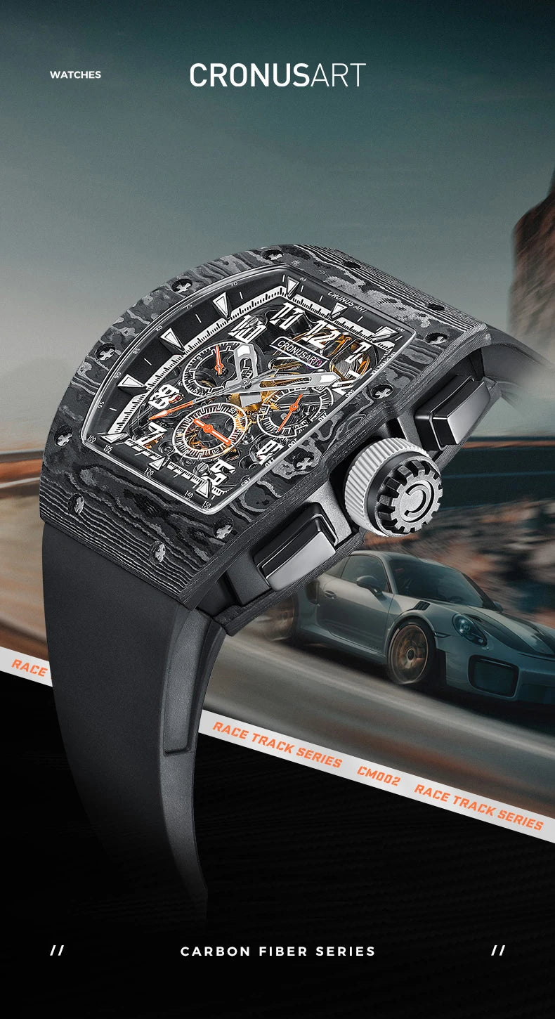 CRONUSART Men Automatic Watch 50MM Chronograph Tonneau Mechanical Wristwatch Sport Carbon Fibre Case Luminous Fluororubber Strap