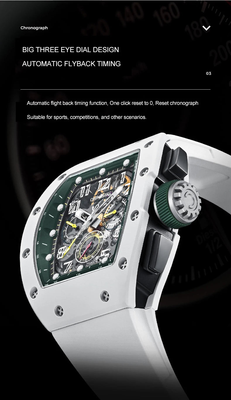 CRONUSART Men Chronograph Watch Tonneau Carbon Steel Case 50mm*42mm Automatic Mechanical Wristwatch Luminous Fluororubber Strap
