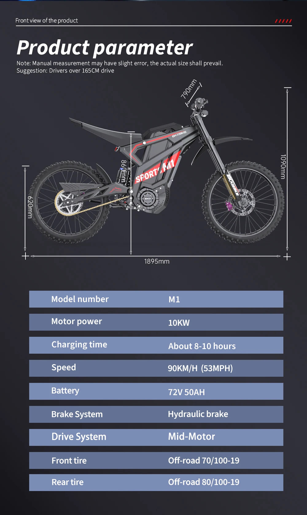EKXBike M1 Adult Electric Motorcycle 16.8KW Peak Mid-Motor 72V/50AH Removable Battery 100KM/H Off-Road E-MTB