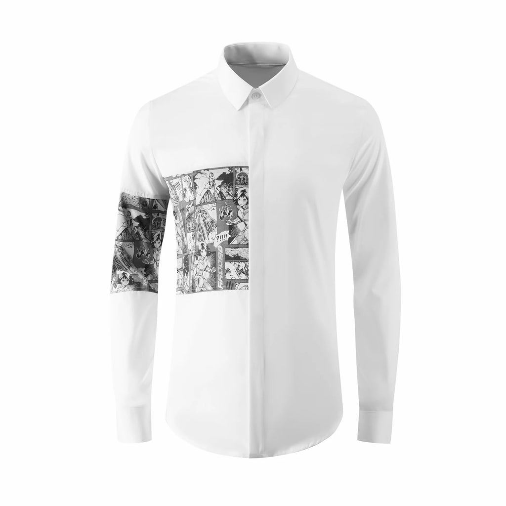 2024 Cartoon Printed Splicing Shirt for Men Long Sleeve Slim Casual Shirts Fashion Lapel Slim Fit Social Streetwear Men Clothing