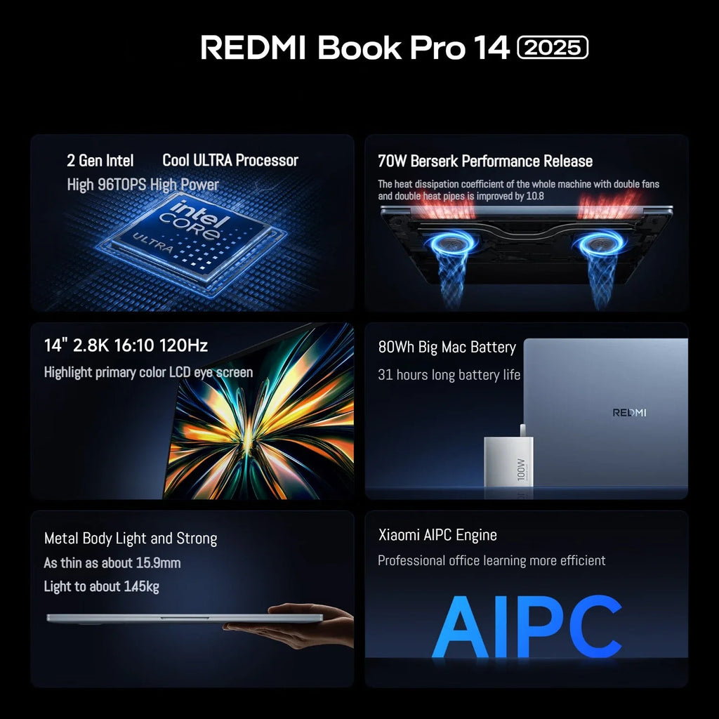 Xiaomi Redmi Book Pro 14 Laptop Ultra 7 255H/Ultra 5 225H Intel Arc Graphics 32GB LPDDR5X 1T SSD 14-inch 120Hz 2.8K Screen