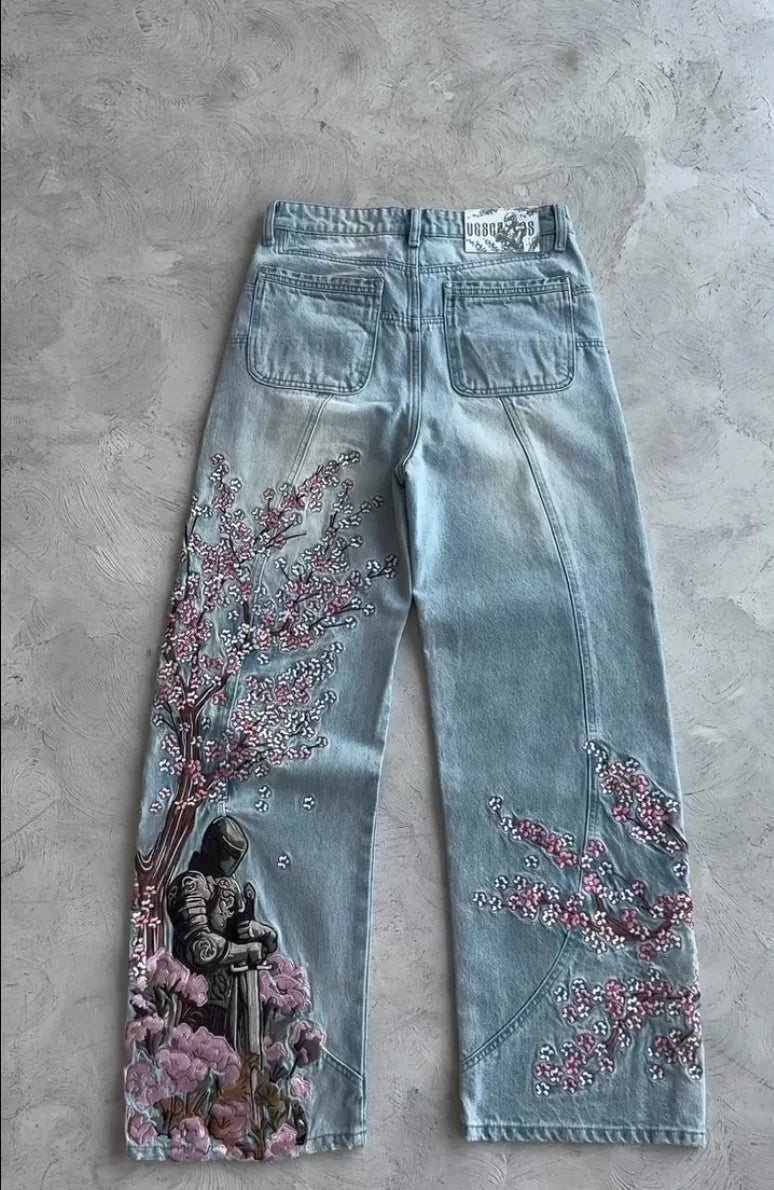 Y2K Japan Cherry Blossom Knight Embroidery Black Baggy Jeans Men High Street Vintage Hip Hop Fashion Couple Wide-leg Denim Pants