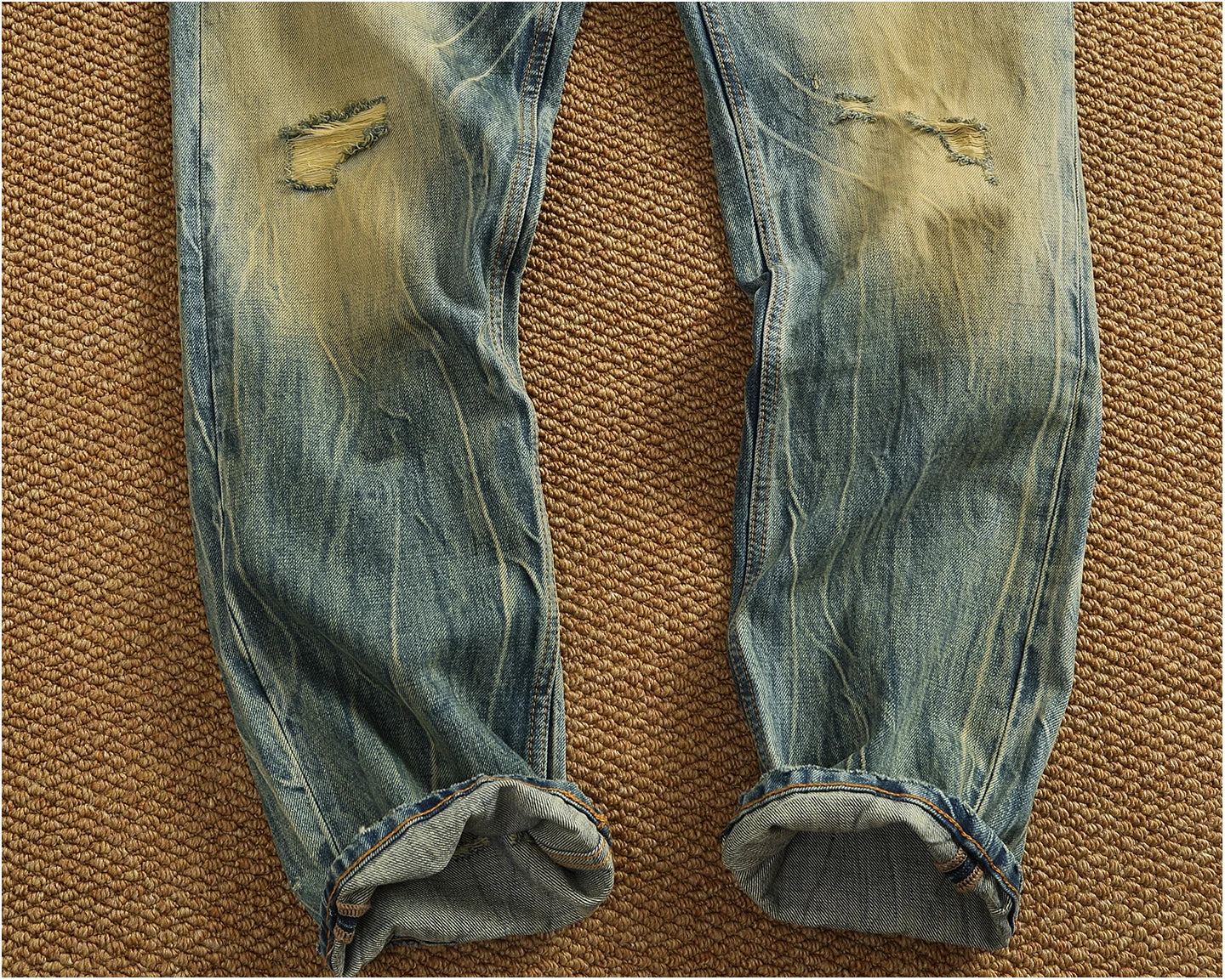 2025 Autumn New American Retro Heavyweight Ripped Denim Men's Fashion 100% Cotton Washed Old Straight Tapered Casual Jeans