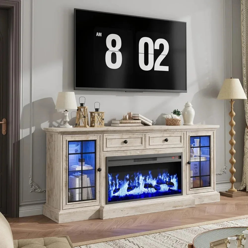 Modern Farmhouse Entertainment Center with Electric Fireplace LED Lights - TV Stand for up to 80'' TVs 70'' Media ，Customized