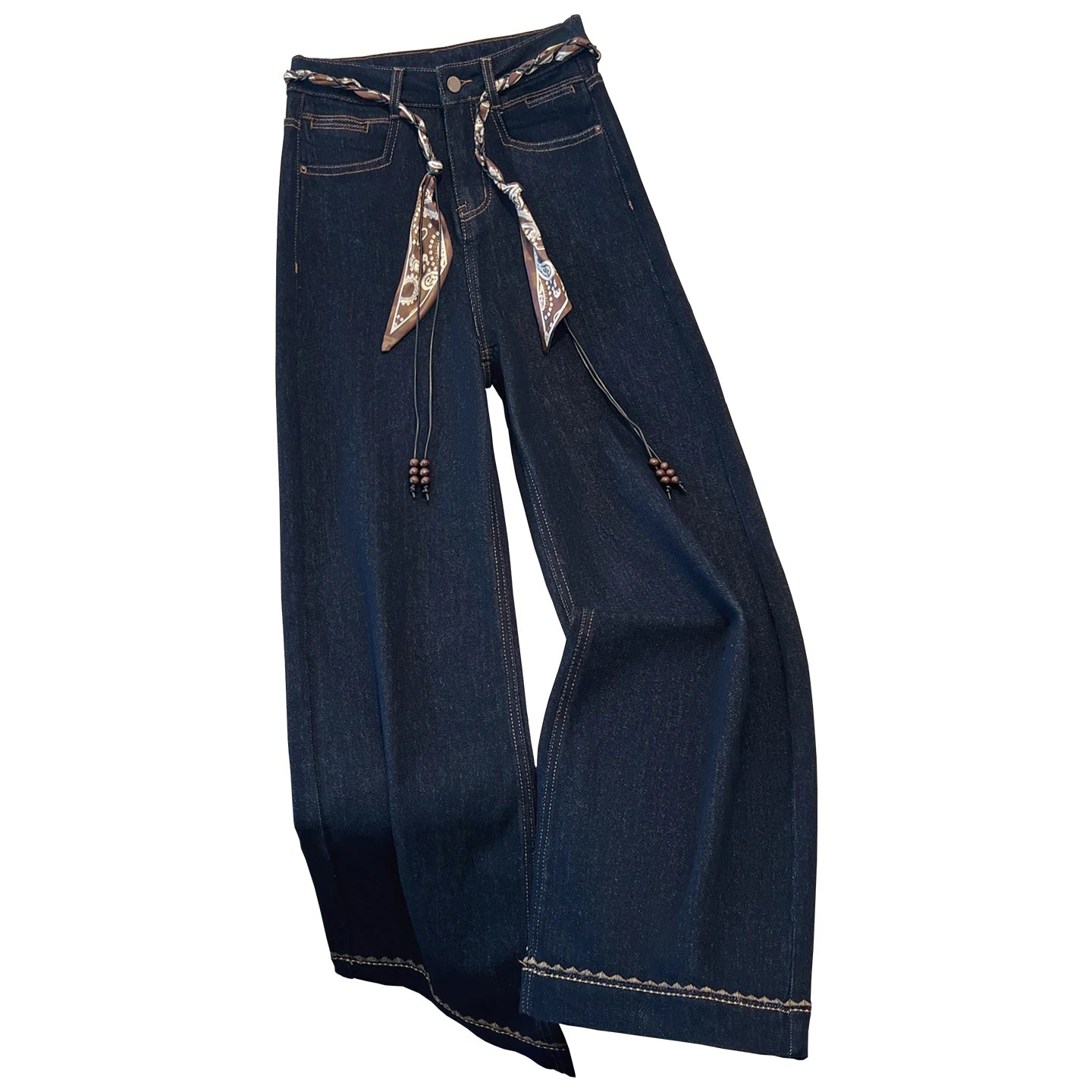 2025 Autumn New Denim Blue Wide Leg Women's Jeans Super Popular Pants with Silk Scarf Belt Fashion Straight Trousers